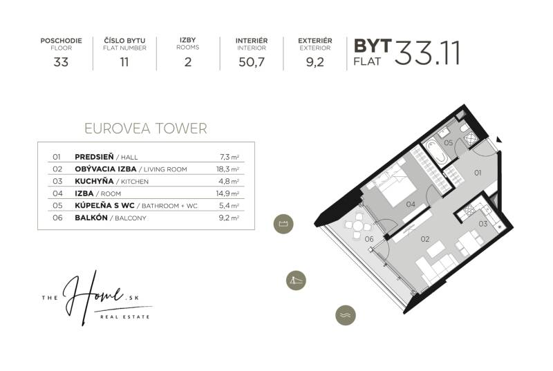 FOR RENT︱EUROVEA TOWER - New 1-bed. apartment, castle view, 33th floor