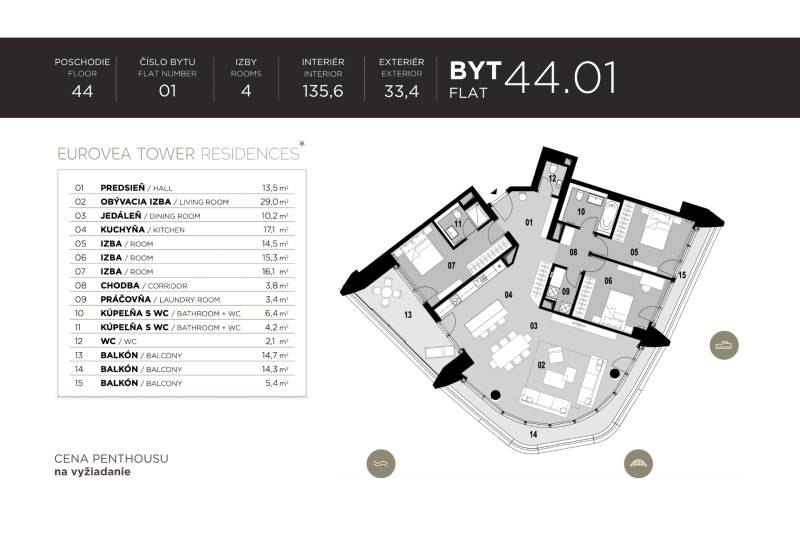 THE HOME︱EUROVEA TOWER - Penthouse 3-bed. apt. Danube view, 44th