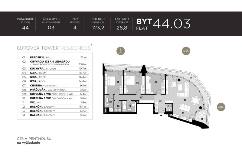 THE HOME︱EUROVEA TOWER - Penthouse 3-bed. apt. Danube view, 44th